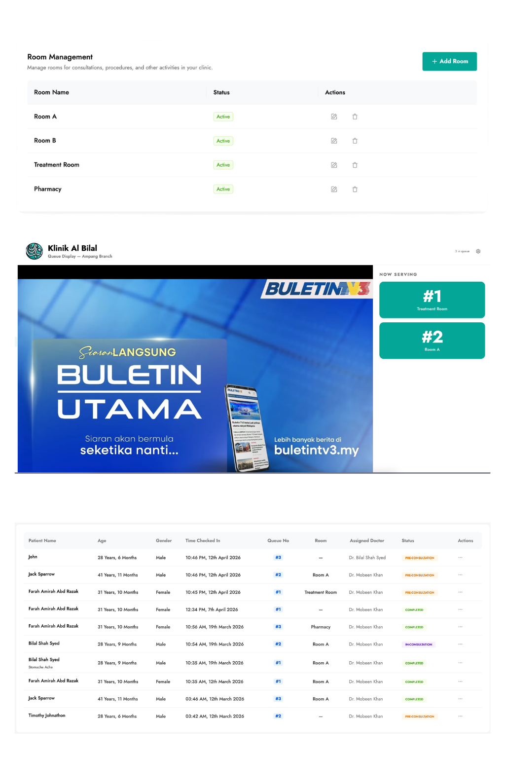 EazyClinic real-time queue management screen