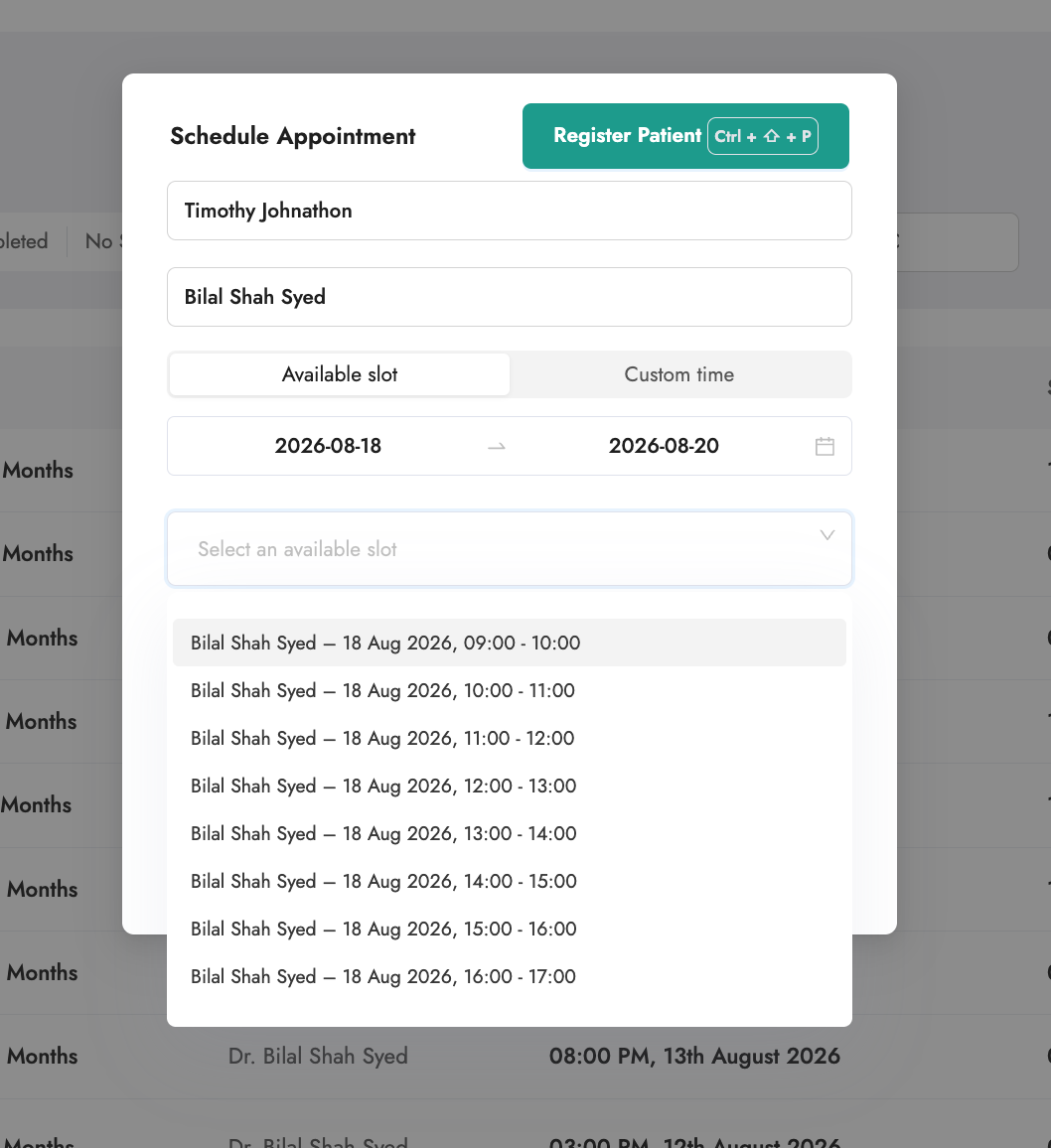 Create Appointment form with the available-slot picker