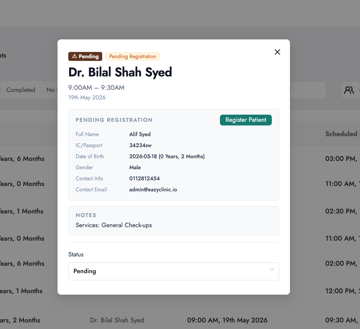 Pending guest appointment awaiting registration