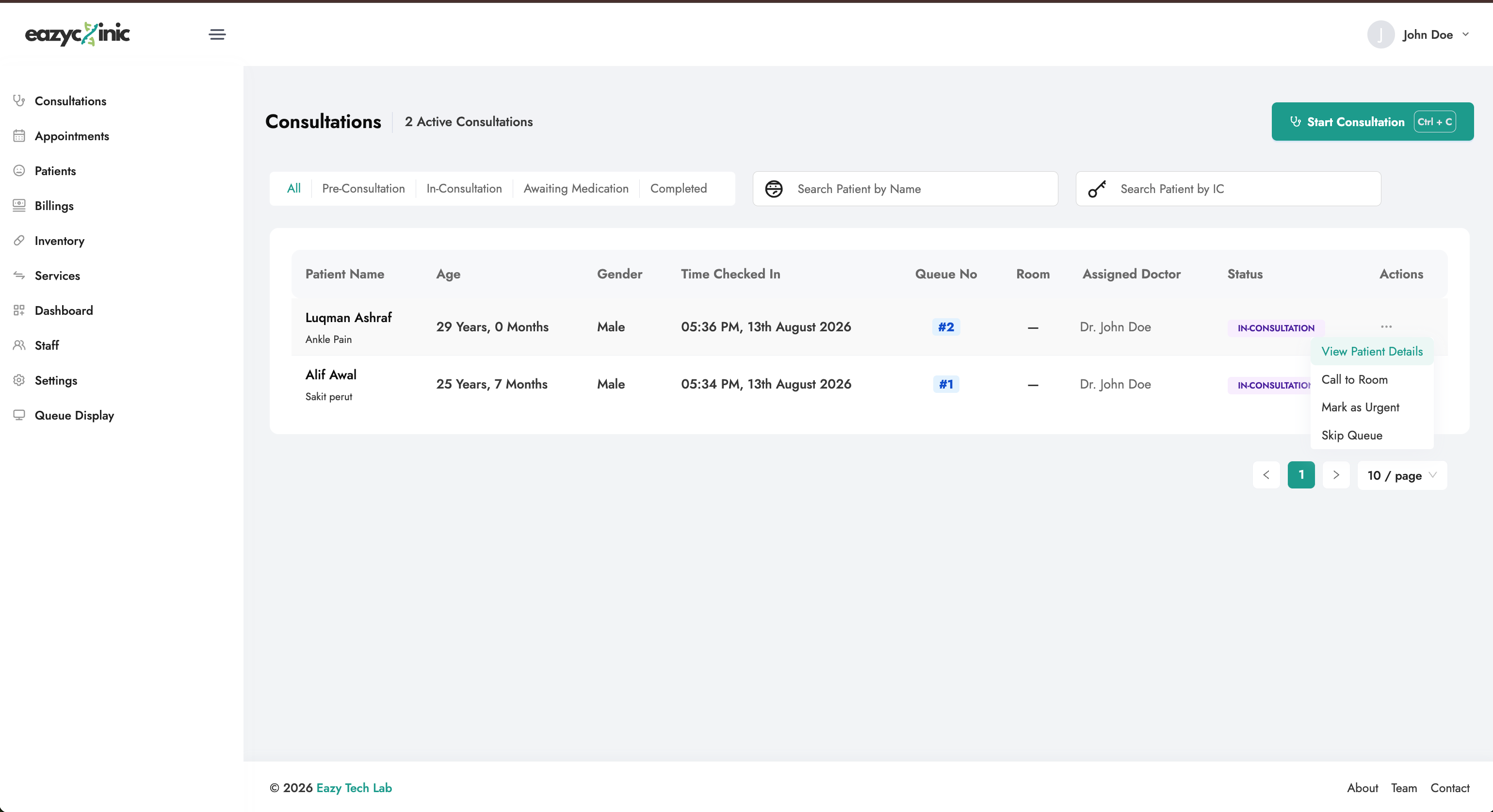 Consultations list with the actions menu open