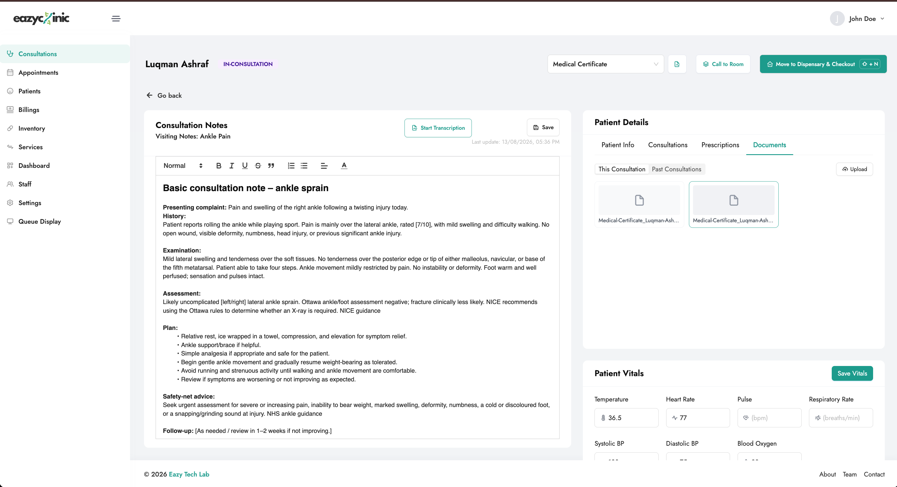 Documents tab with uploaded and generated documents